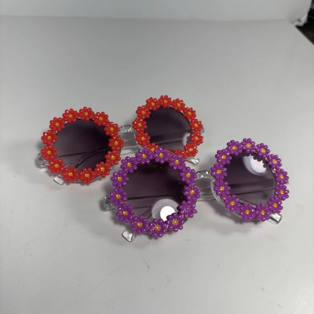 Toddler Daisy Shape Round Sunglasses Set Of 2 Purple Red Retro 60s Boho